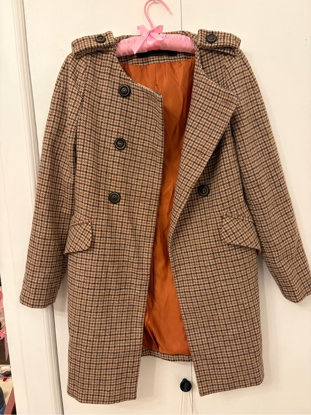 Zara Brown Houndstooth Pea Coat with Orange Lining
